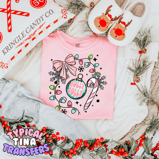 Holly Jolly Lights, candy cane bow (pink) | DTF Transfer | POD