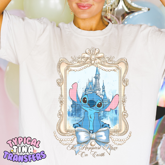 Gold Frame Blue Alien Castle | DTF Screen Print | POD