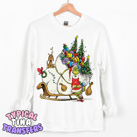 Classic Gr!nch and Sleigh | DTF Transfer | POD