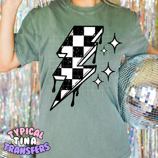 Checkered lightning bolt (black and white) | DTF Screen Print | POD