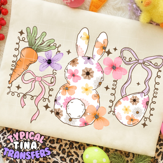 Easter Bunny floral pattern with carrot and egg | DTF Transfers | POD