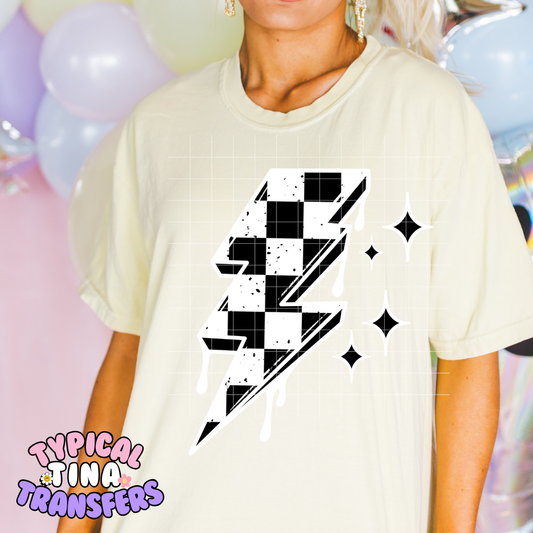 Checkered lightning bolt (white and black) | DTF Screen Print | POD