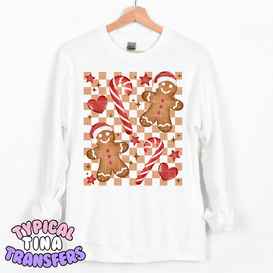 Gingerbread Checkered Pattern and candy canes | DTF Transfer | POD