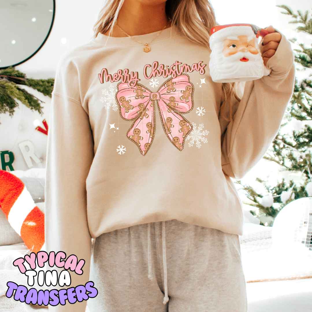 Merry Christmas Ginger bow pink | DTF Transfer | POD