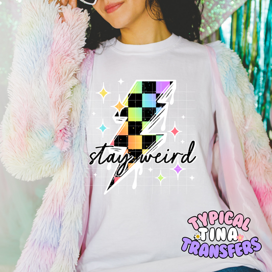 Stay Weird Rainbow check Lightning Bolt (white outline) | DTF Screen Print | POD