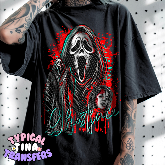 Bold Red Face-Ghost with name (teal) | DTF Transfer | POD