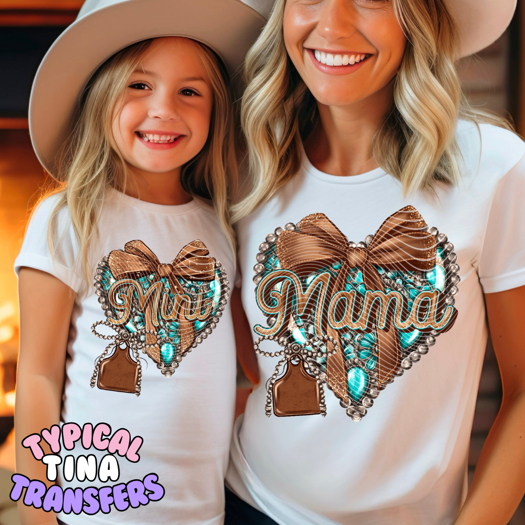 Mama and Mini teal beaded heart | DTF Transfers | POD
