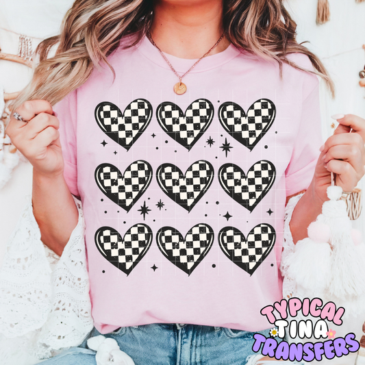 Black and White checkered Hearts | DTF Screen Print | POD