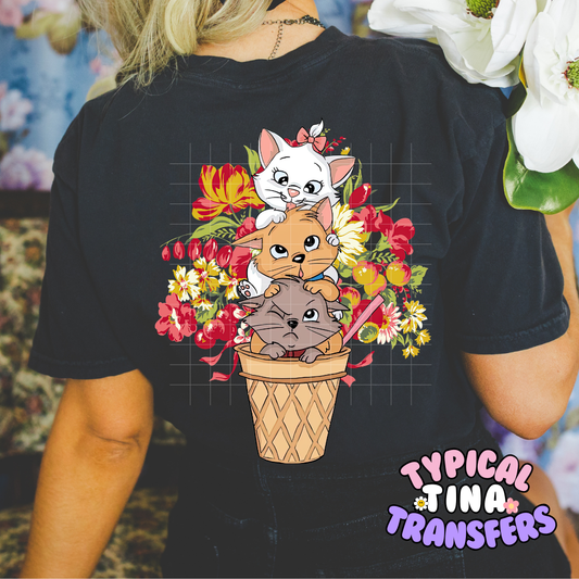 Three Kittens Red florals | DTF Screen Print | POD