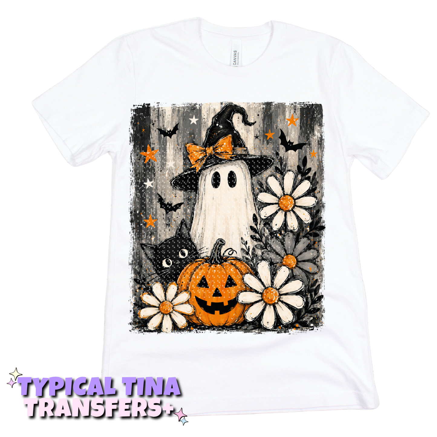 Cute ghost and black cat (B&W BG) | DTF Transfers | POD