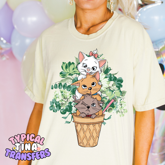 Three Kittens Green Plants | DTF Screen Print | POD