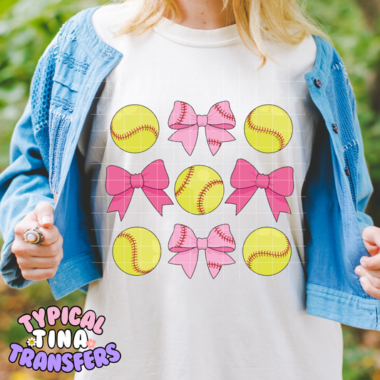 Softball Coquette pink bows | DTF Screen Print | POD