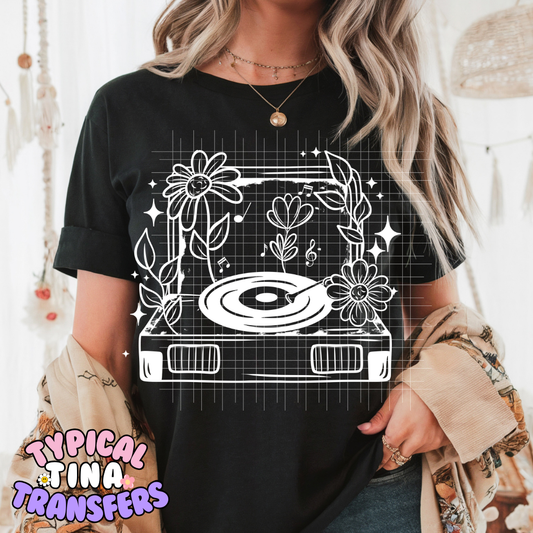 Record player (white letters) | DTF Screen Print | POD