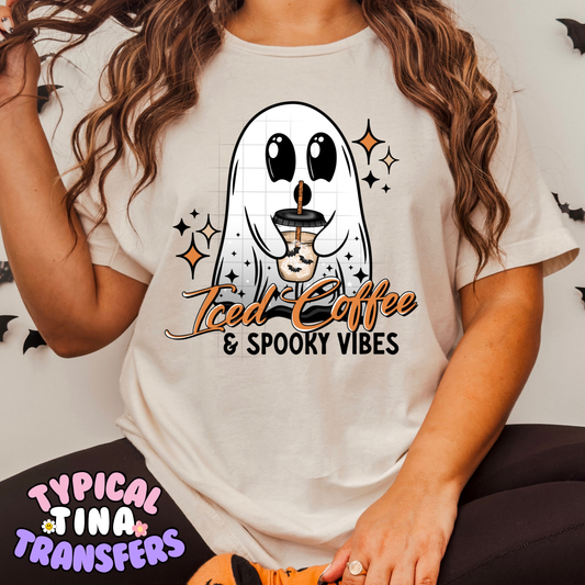 Iced Coffee and Spooky Vibes Ghost | DTF Transfer | 15" Adult