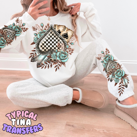 Black checkered Spade teal floral | DTF Transfers | POD