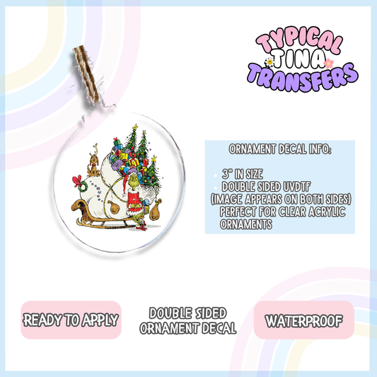 PreSale UVDTF | Grumpy Santa Sleigh | 3" Ornament Decal