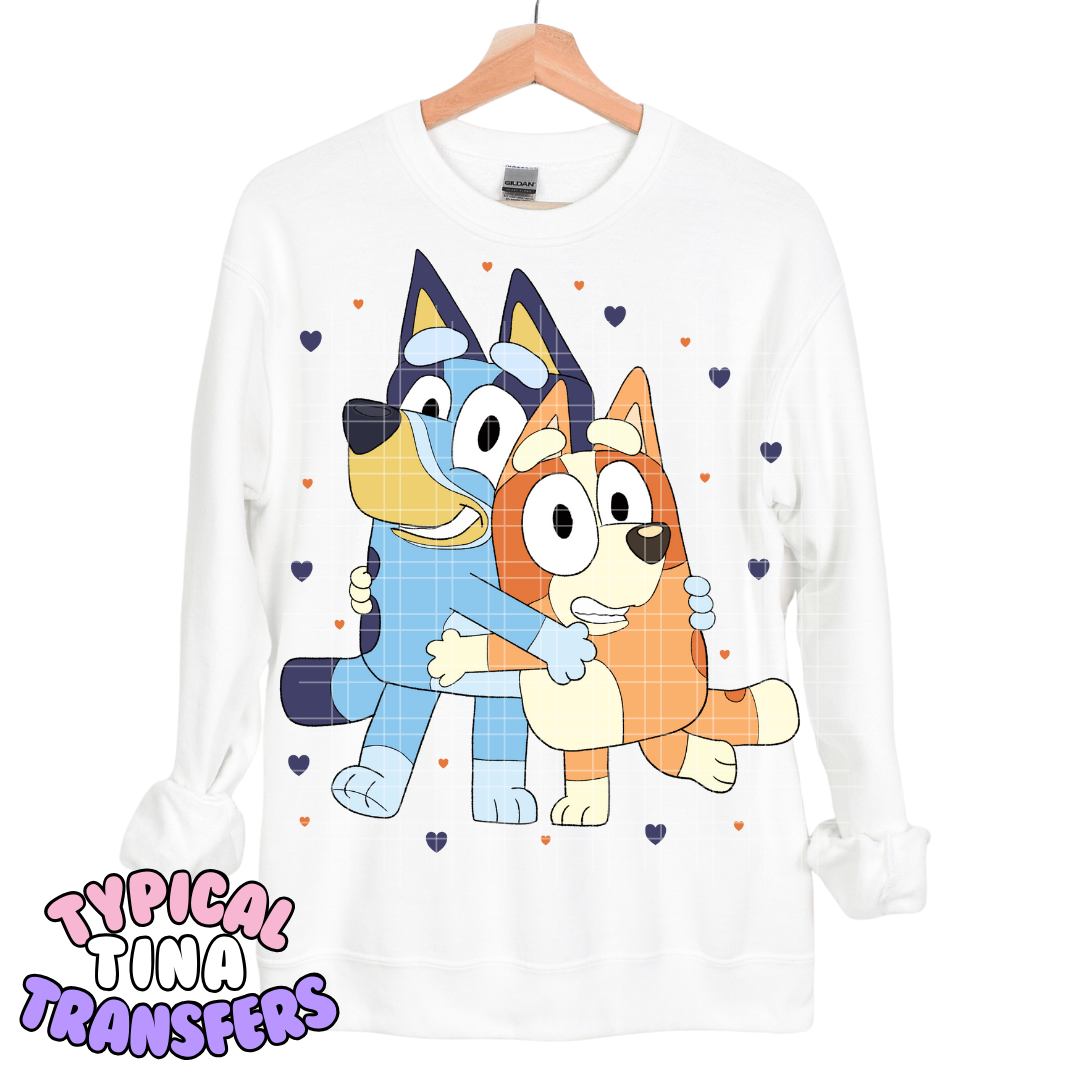 Blue pup sisters with mini hearts | DTF Transfers | POD