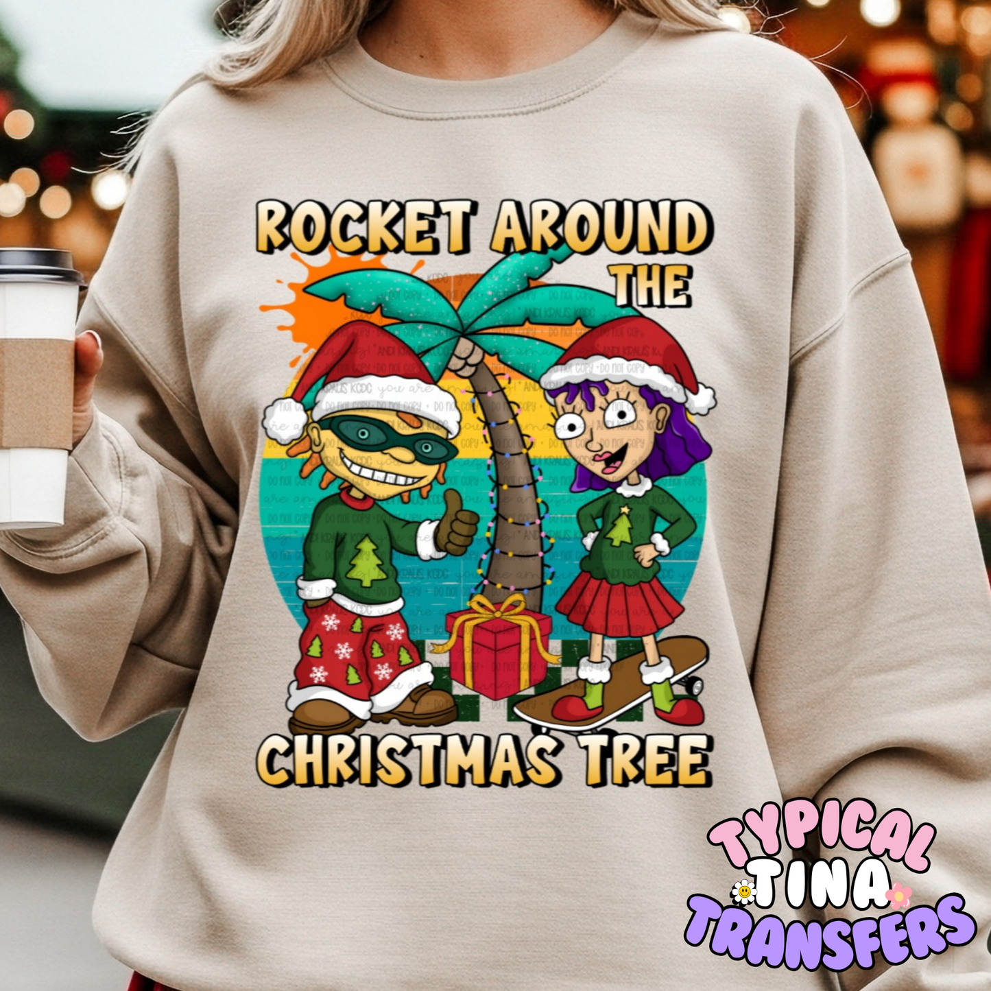 Rocket around the Christmas Tree background  | DTF Transfer | POD