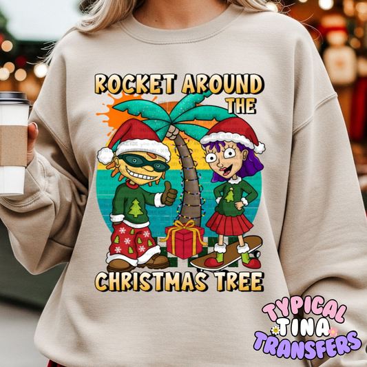 Rocket around the Christmas Tree background  | DTF Transfer | POD