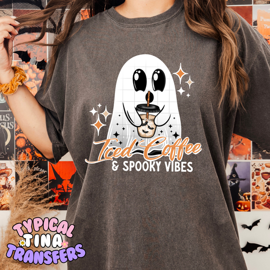 Iced Coffee and Spooky Vibes Ghost | DTF Transfer | 15" Adult