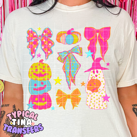 Bright Pink bows, pumpkin and ghosts | DTF Transfer | 9" Youth