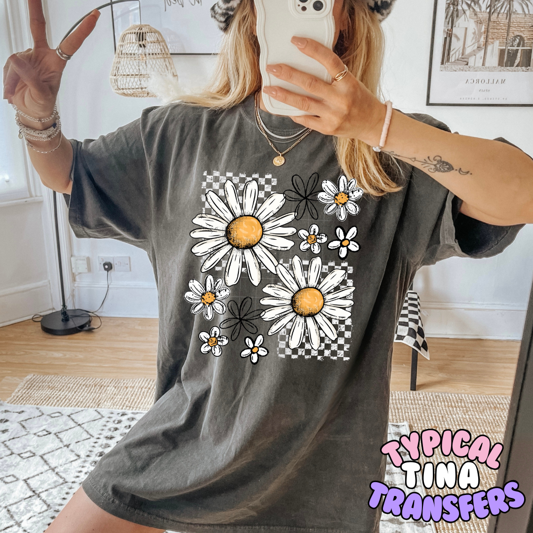 White daises with white checkered | DTF Transfers | POD