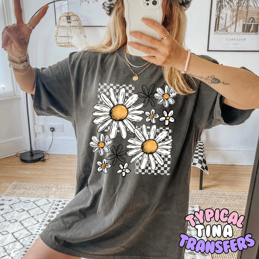 White daises with white checkered | DTF Transfers | POD