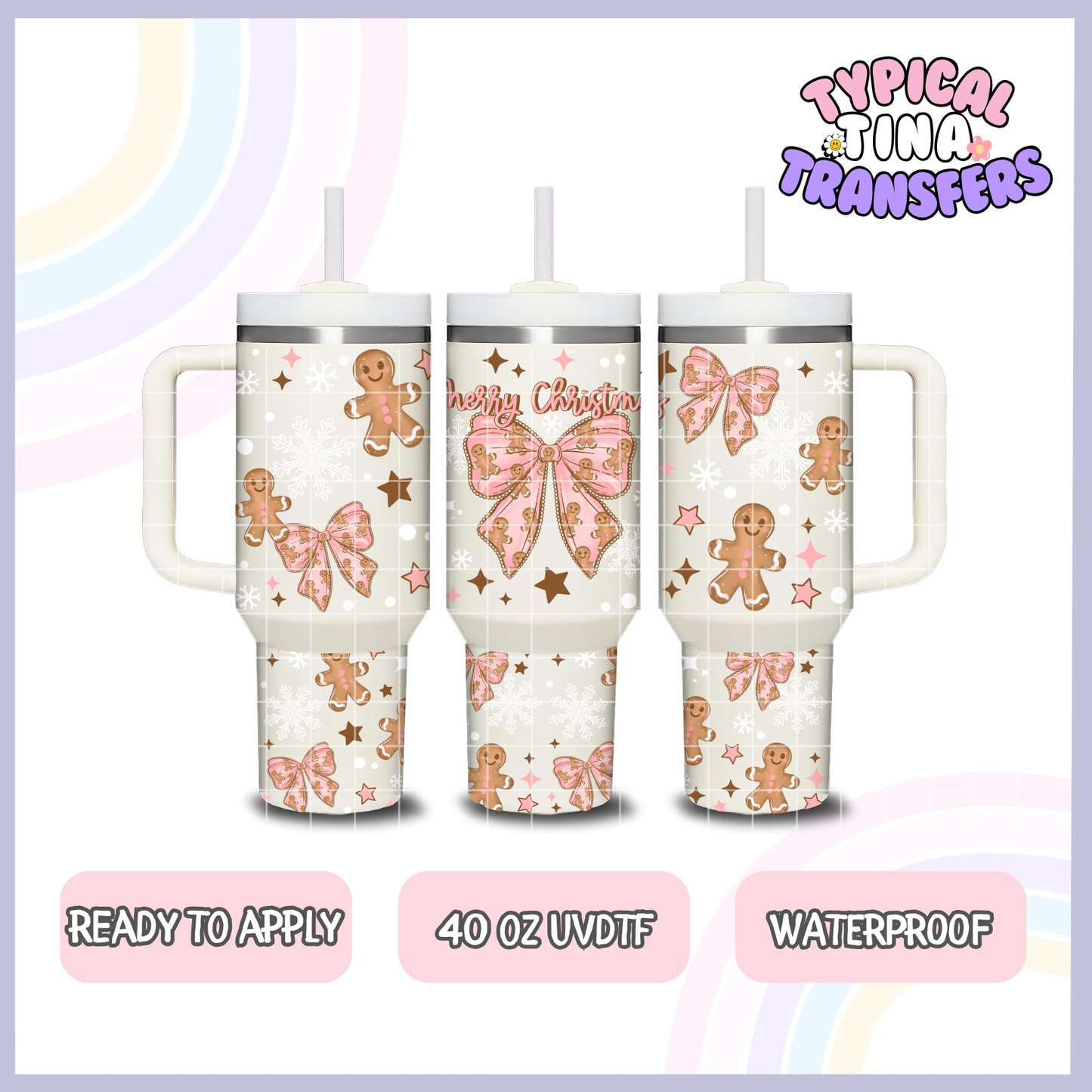 Merry Christmas Pink bows and Gingerbreads | 40oz UVDTF Wrap | POD