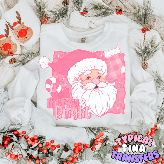 merry and bright santa pink | DTF Transfer | POD