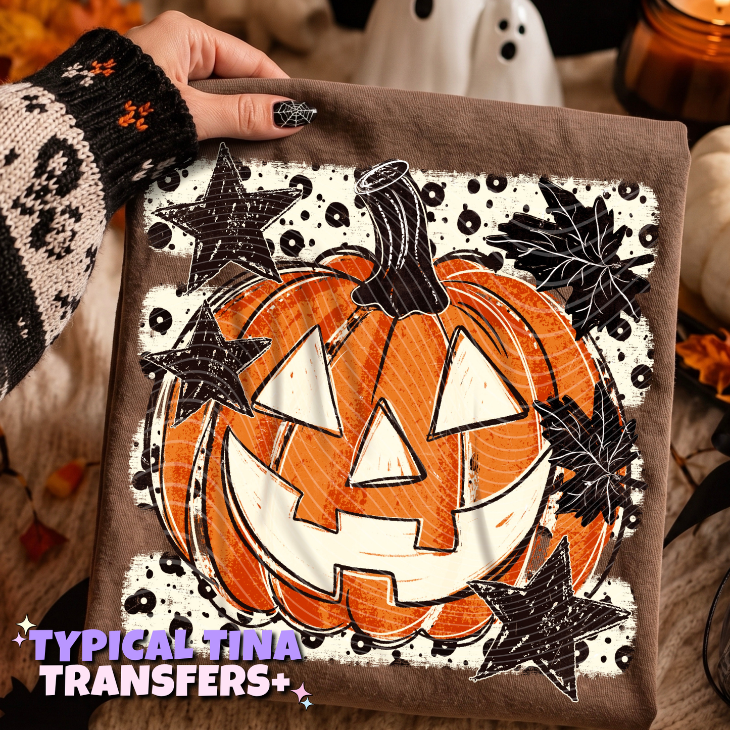 Jack o lantern with white stripped BG | DTF Transfers | POD