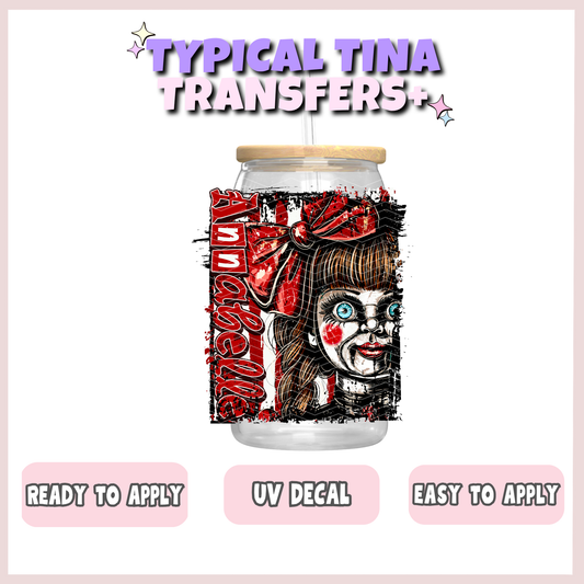 scary doll with red bow | UV decals | POD