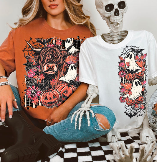 Halloween highland cow with ghosts | DTF Transfer | POD