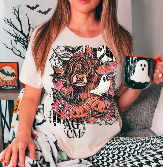 Halloween highland cow with ghosts | DTF Transfer | POD