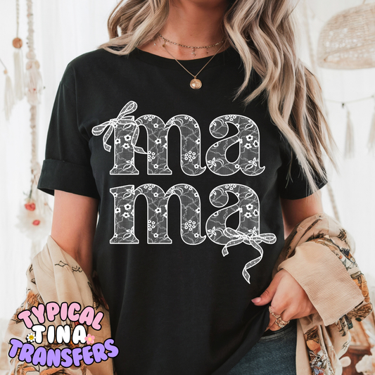 Mama Lace with bow stacked (white) | DTF Screen Print | POD