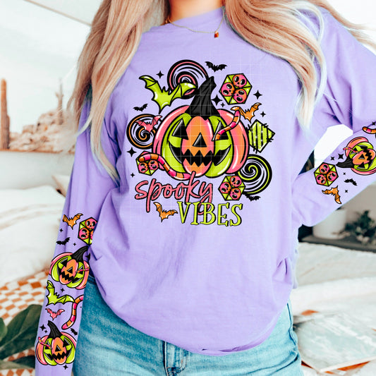Spooky Vibes Colorful Pumpkin w/ sleeves | DTF Transfer | POD