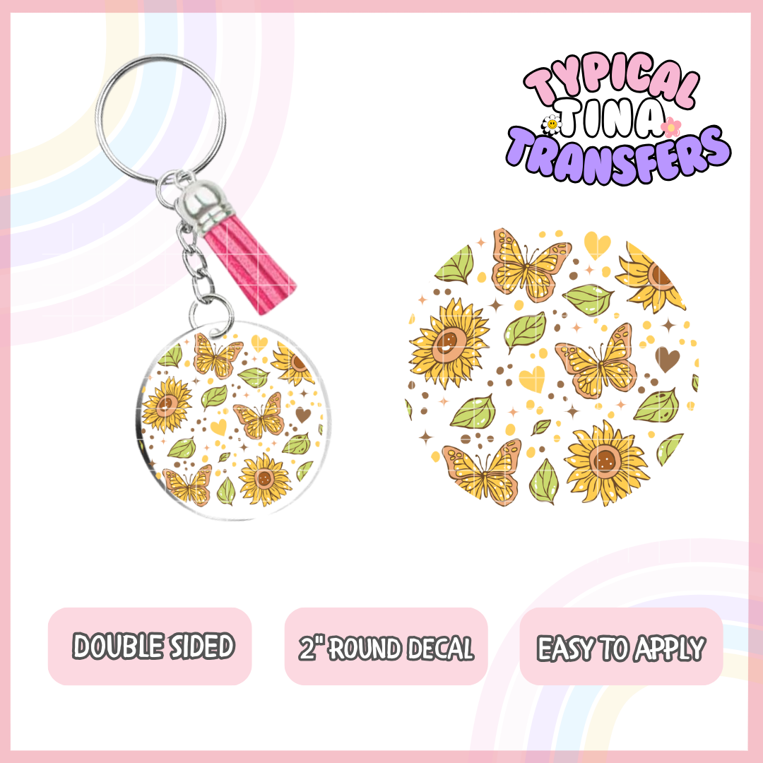 Yellow sunflowers and butterflies outlined | UV 2" Round Keychain decal | POD - set of