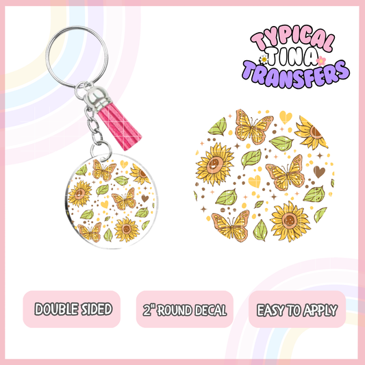 Yellow sunflowers and butterflies outlined | UV 2" Round Keychain decal | POD - set of