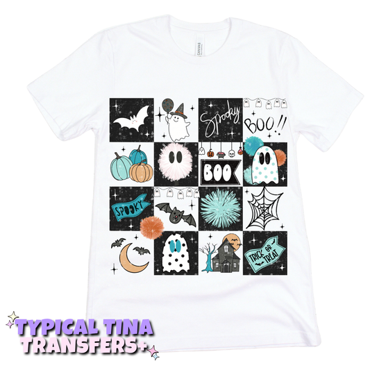 Teal B&W checkered Halloween | DTF Transfers | POD
