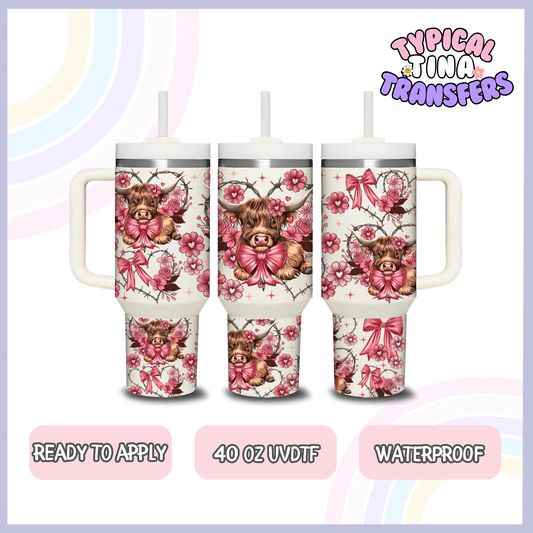 Highland Cow Pink Bow | 40oz UVDTF Wrap | POD