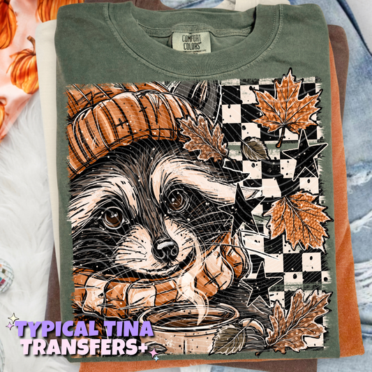 Fall racoon with checkered BG | DTF Transfers | POD