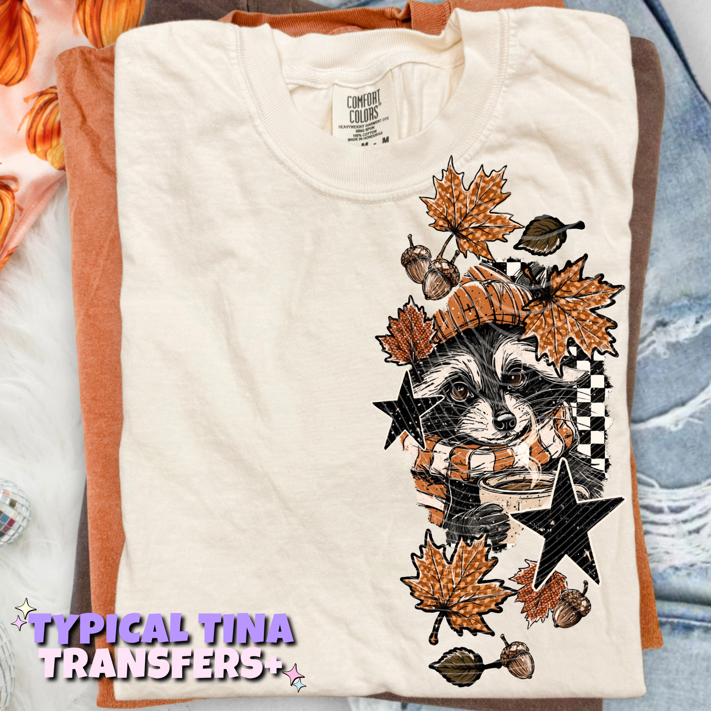 Fall racoon with checkered BG | DTF Transfers | POD