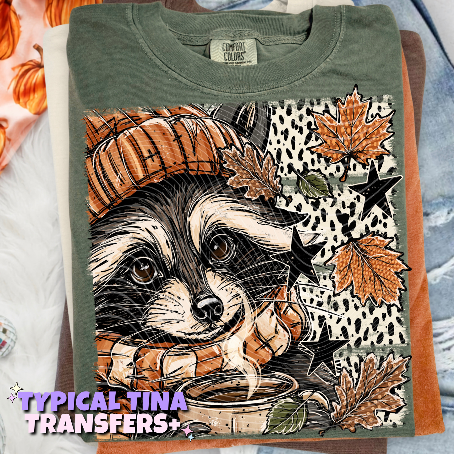 Fall racoon with spotted BG | DTF Transfers | POD